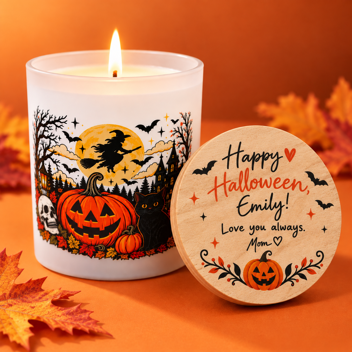 Personalized Halloween Candle – Custom Message Wooden Lid, UV Printed