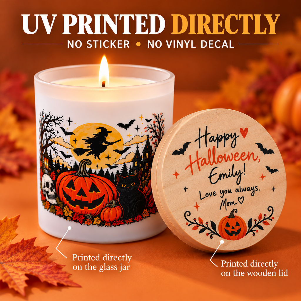 Personalized Halloween Candle – Custom Message Wooden Lid, UV Printed