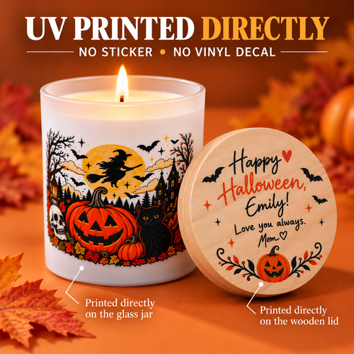Personalized Halloween Candle – Custom Message Wooden Lid, UV Printed