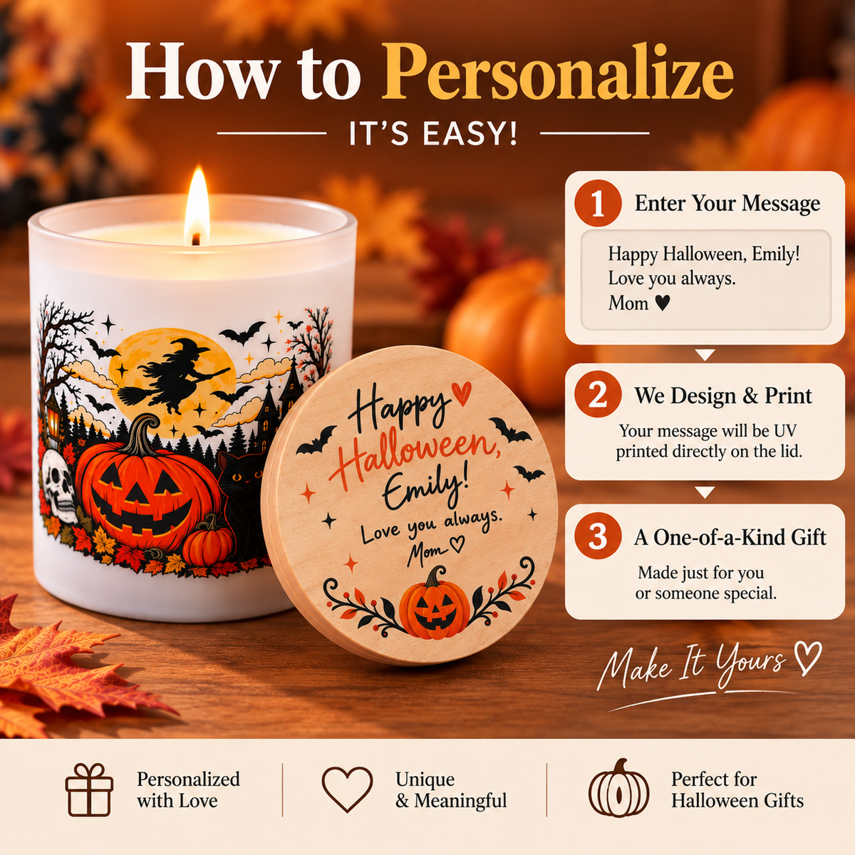 Personalized Halloween Candle – Custom Message Wooden Lid, UV Printed
