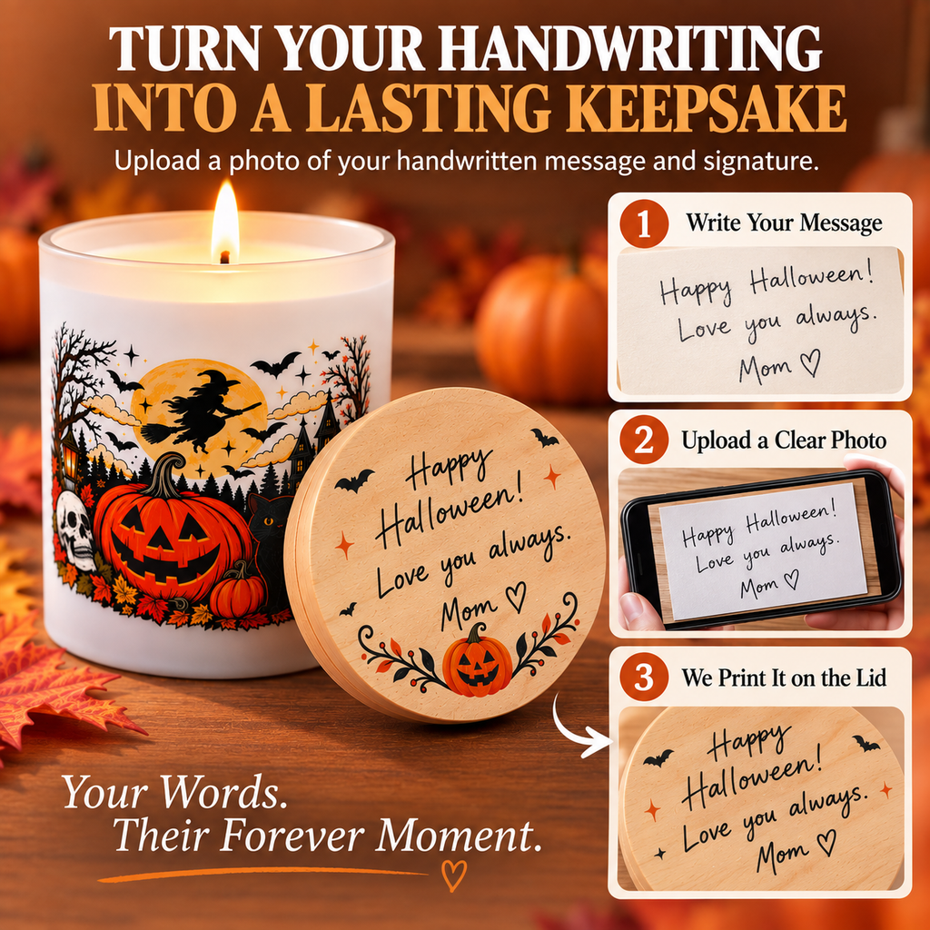 Personalized Halloween Candle – Custom Message Wooden Lid, UV Printed
