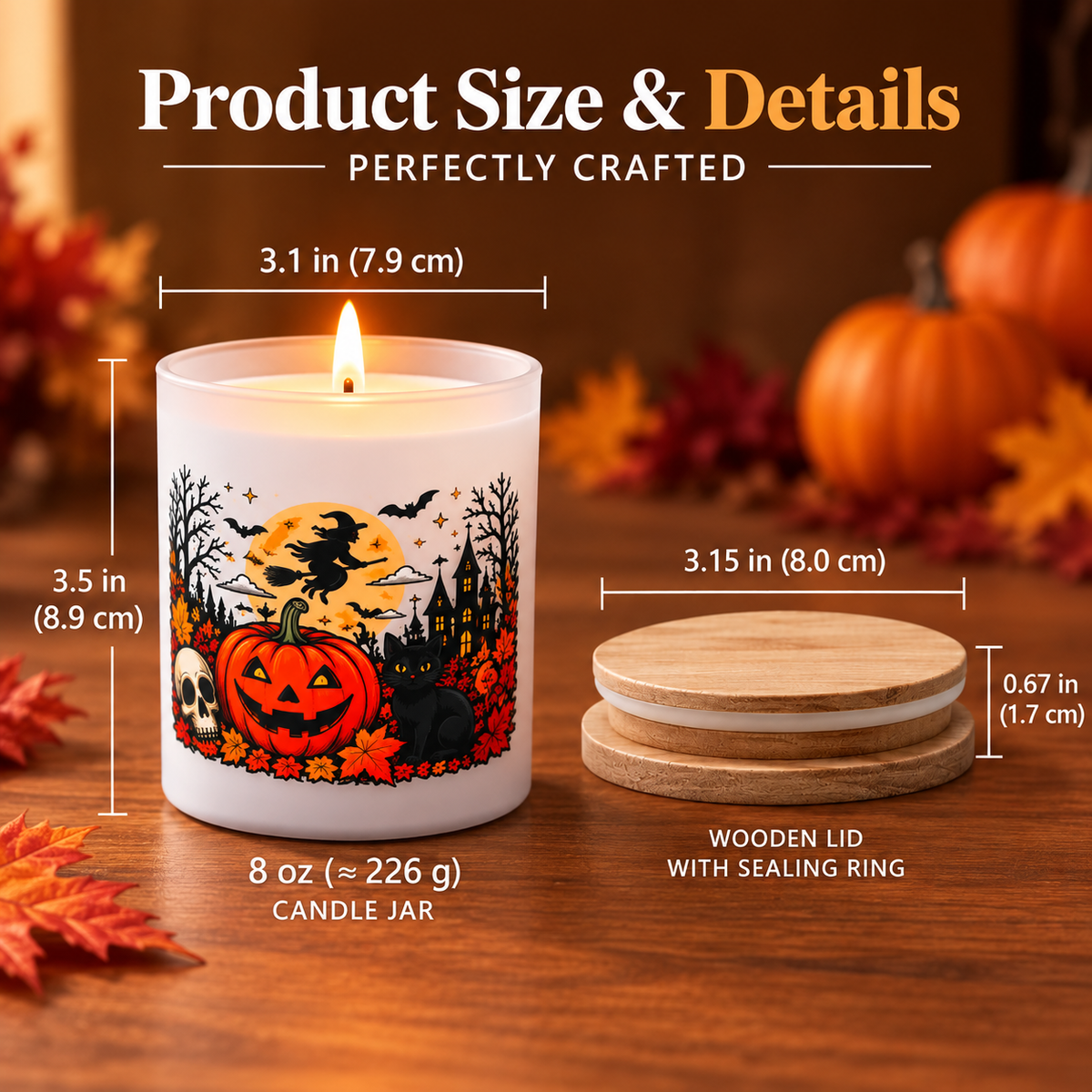 Personalized Halloween Candle – Custom Message Wooden Lid, UV Printed