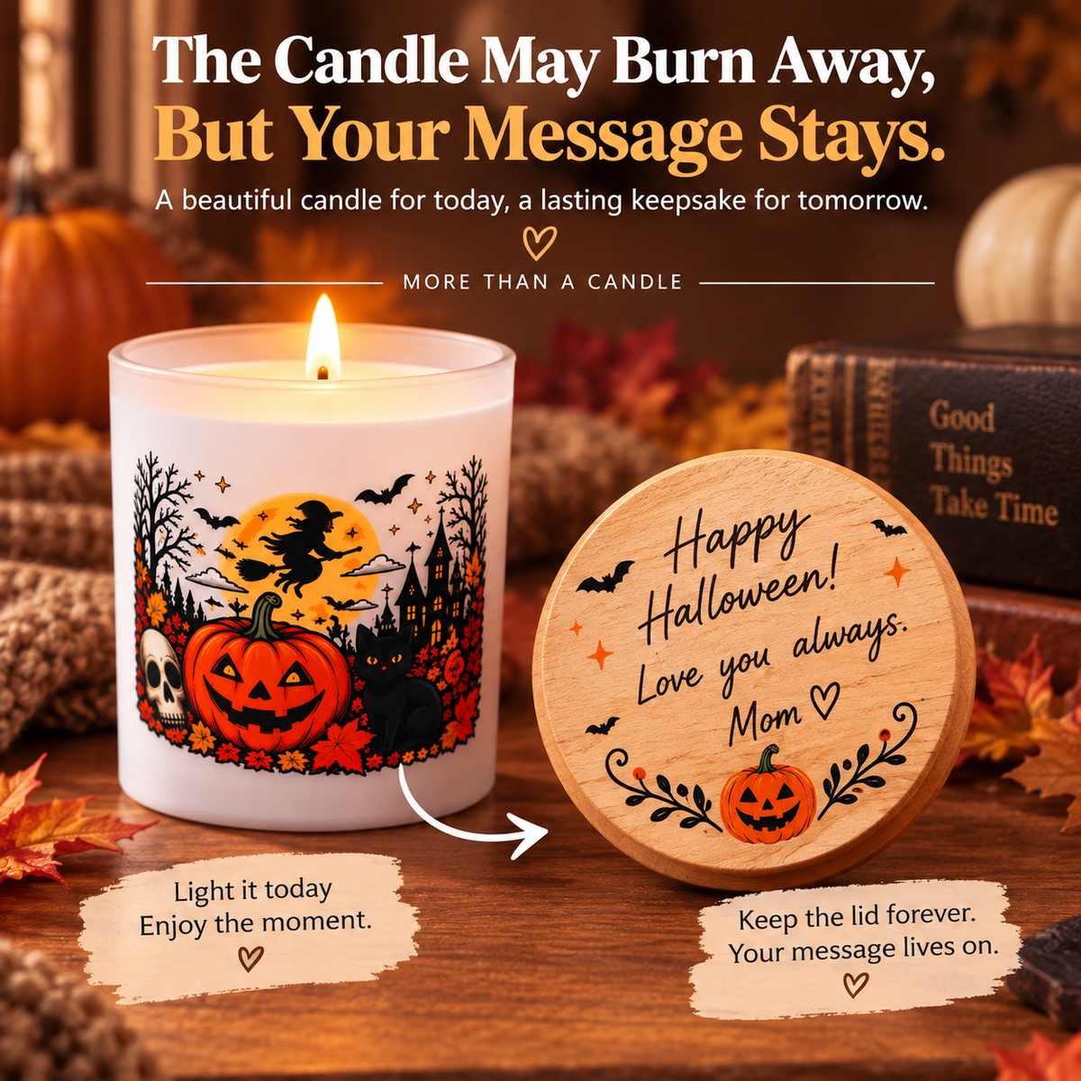 Personalized Halloween Candle – Custom Message Wooden Lid, UV Printed